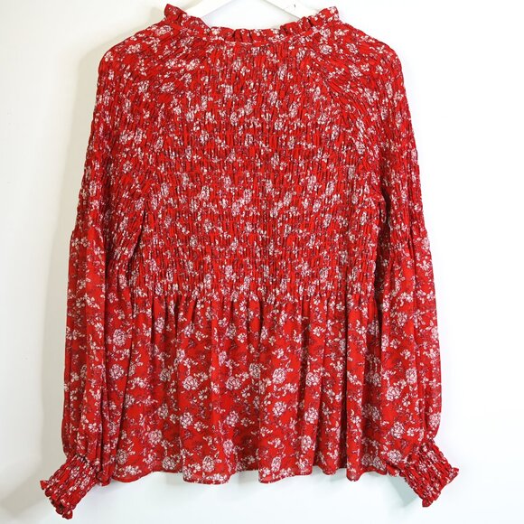 ROSE+OLIVE Red Cream Long Sleeve Floral Elastic Smocked Blouse - Size Small - Picture 5 of 14